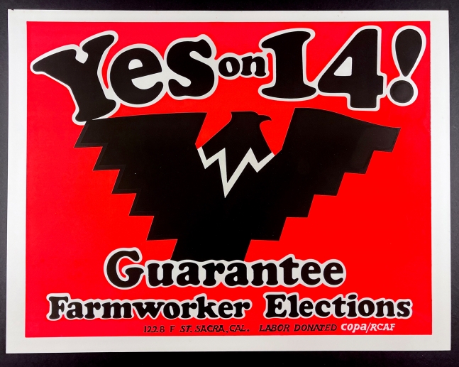Yes on 14! Guarantee Farmworker Elections
[MEXICO - MEXICAN AMERICANS] RCAF Colectiva,&amp;nbsp;[1976]

Illustrated poster, printed in green, brown and red on commercial stock.
Approx.18&amp;quot; x 24&amp;quot;
Edition size: Unknown

Condition and provenance notes: Near fine produced for Cesar Chavez and the United Farm Workers campaign to pass Proposition 14 in California, an historic work of legislation guaranteeing migrant farm workers the right to vote on labor contracts.

Published by&amp;nbsp;Sacramento, Calif.: COPA/RCAF

SOLD