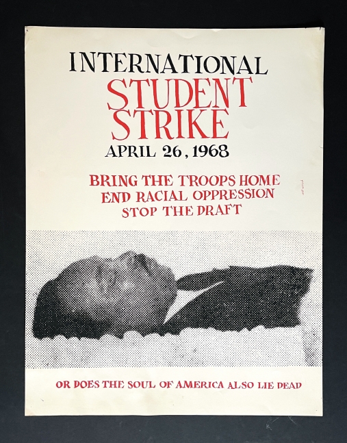 International Student Strike. April 26, 1968
Art Wood

Illustrated poster, silkscreen in red and black on thin cardstock
Approx.19.25 x 25 in.
Edition size: Unknown
$1250

Condition and provenance notes: Excellent impression of the rare poster printed less than three weeks after King&amp;rsquo;s assassination. Very good overall, with handling marks and pin holes at the corners.

Publisher info: [Providence, R.I.] Art Wood

INQUIRE